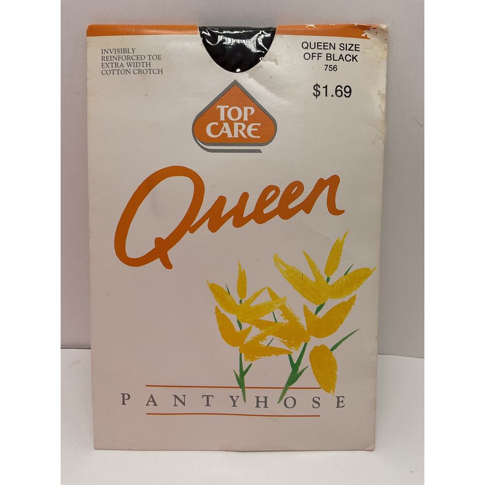 Vintage Pantyhose Top Care Queen Size Off Black Reinforced Toe NOS
